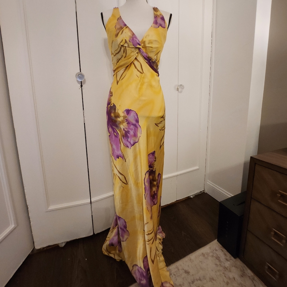 Cache Satin Yellow Floral Long Gown Wedding Gala Halter 8